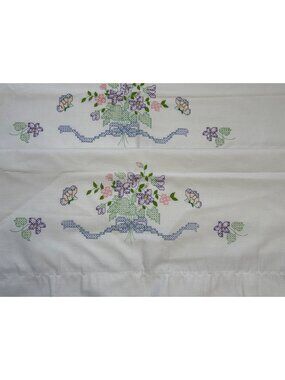 Stamped Cross Stitch Pillowcase Set White Floral Embroidery Design Cotton